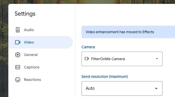 Select Filteronme as your Google Meet camera input