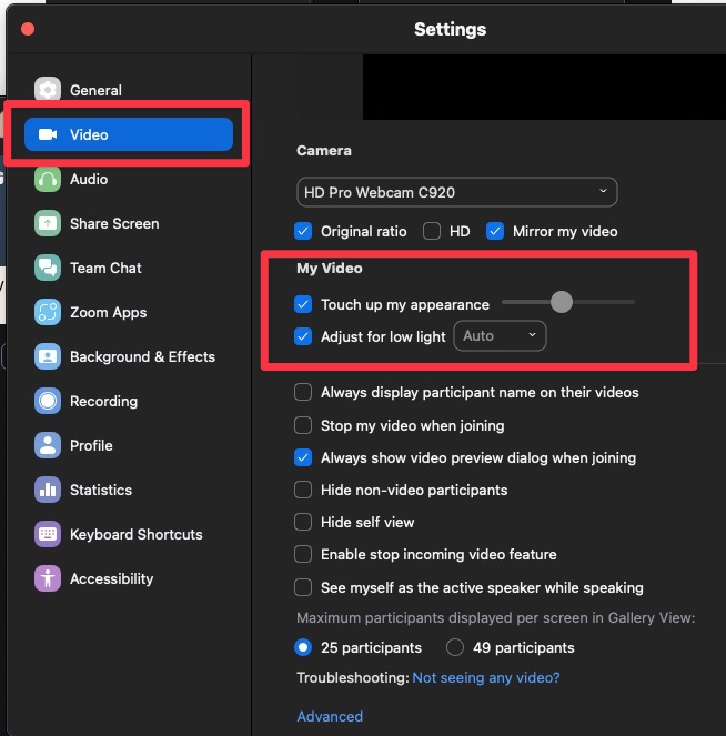 Zoom Video Settings
